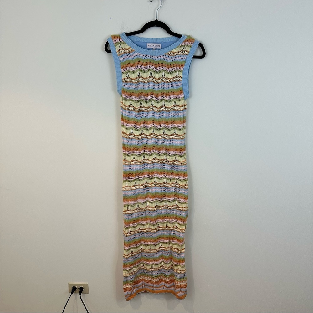 Willow + Wind Colorful Striped Knit Crochet Sleeveless Maxi Dress Medium
